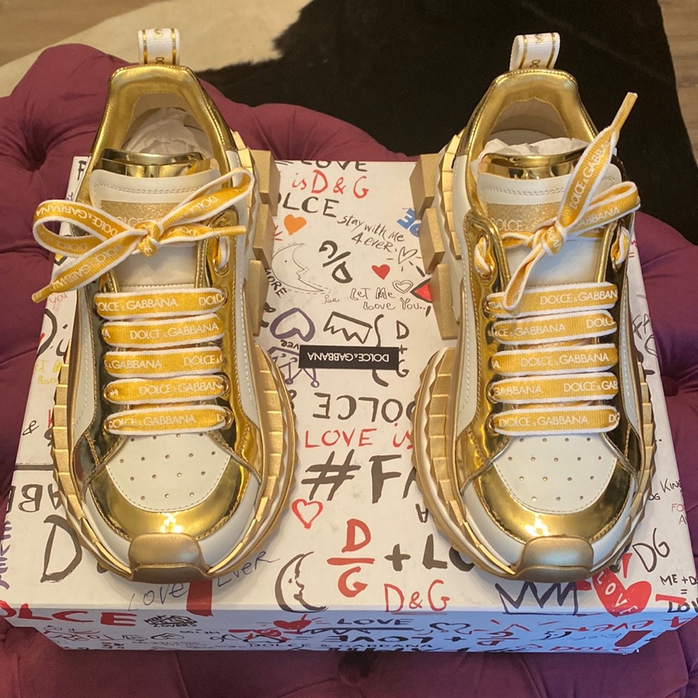 Brand New Dolce & Gabanna Super Queen Patent Leather Gold and White Sneakers.